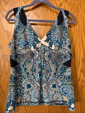 INC International Concepts Teal & Cream Paisley V-Neck Sleeveless Top XL